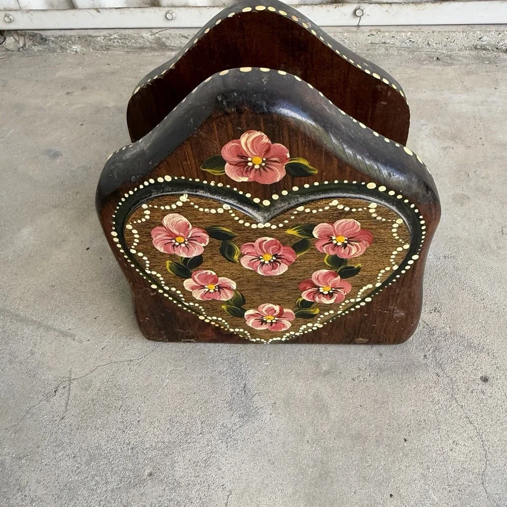 Vintage Wooden Napkin Holder with Hand Painted Folk Art Pansies Hearts Pink
